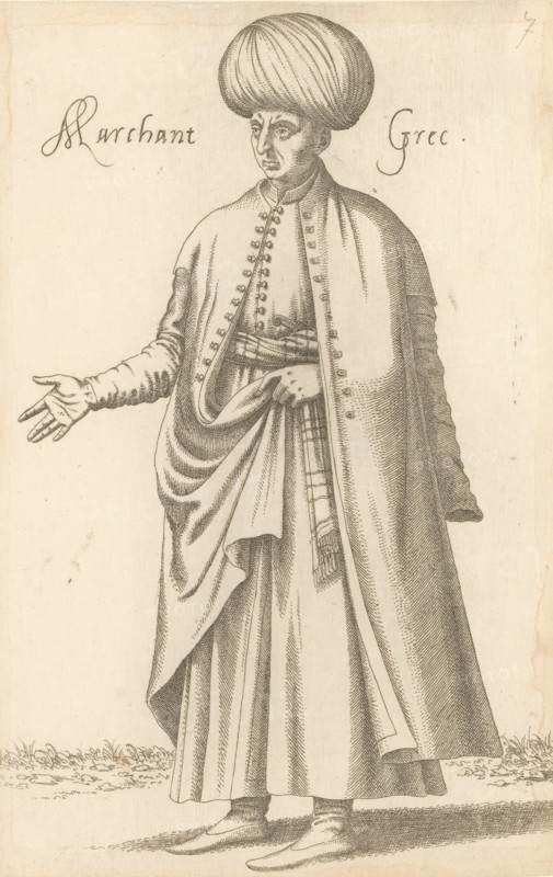 Greek merchant, Marchant Grec, print, album page, book illustration, Print is part of an album., printmaker: Léon Davent, after drawing by Luca Penni (attributed to), after drawing by Nicolas de Nicolay (possibly), publisher: Guillaume Rouille (I), Lyon, 1555 - 1568, Léon Davet, Attributed to, paper, etching, mounted on album page, height 264 mm x width 173 mm, A full-length ink drawing of a standing figure wearing a large rounded turban and a long buttoned robe with a draped outer cloak, one hand extended outward and the other holding folds of the cloak, detailed line shading on the garments and turban, simple shoes visible at the hem, and a plain background with a narrow strip of grass at the bottom.