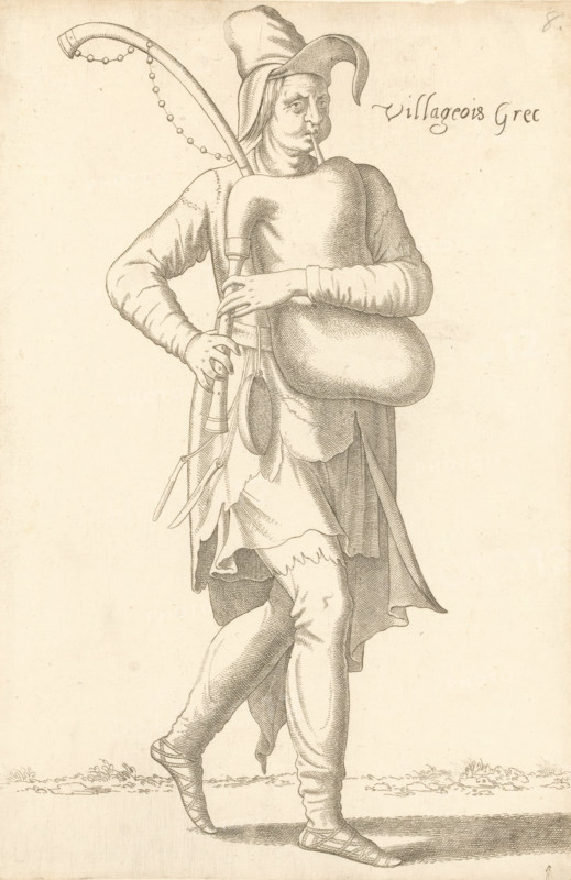 Villageois Grec, Greek villager with bagpipes, print, album cover, book illustration, Print is part of an album., printmaker: Léon Davent, after drawing by Luca Penni (attributed to), after drawing by Nicolas de Nicolay (possibly), publisher: Guillaume Rouille (I), Lyon, 1555 - 1568, Léon Davet, Attributed to, paper, etching, pasted on album page, height 259 mm x width 172 mm, A sepia-toned line drawing of a standing figure wearing a floppy pointed hat and a tunic with layered, tattered edges, shown from head to feet. The figure holds a bagpipe with a large inflated bag pressed against the chest and a chanter held near the mouth, a curved drone with a string of beads extending above the shoulder, and hands placed on the instrument. The person wears wrapped, crisscrossed footwear and leggings with visible folds and shading, and a belt with hanging objects at the waist. The background is plain with a faint ground line and small tufts of grass beneath the feet.