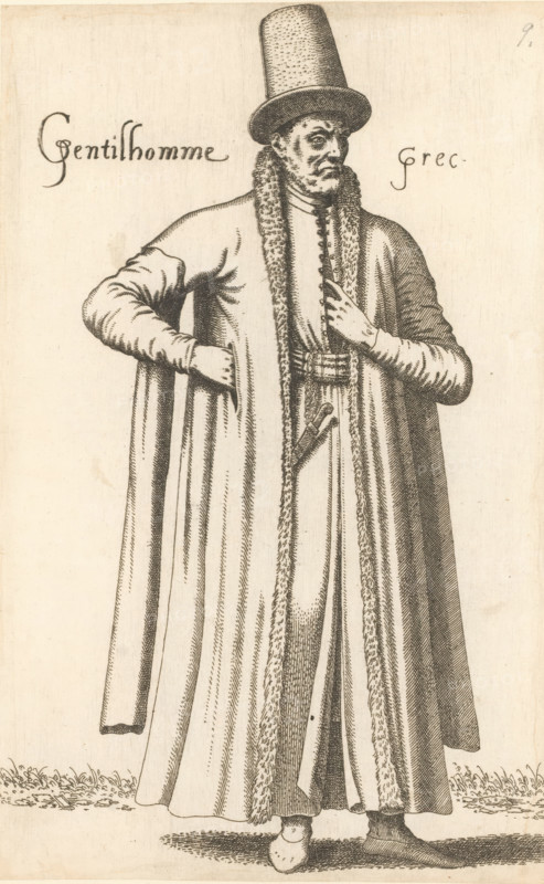 Gentilhomme Grec, Greek man, print, album page, book illustration, Print is part of an album., printmaker: Léon Davent, after drawing by Luca Penni (attributed to), after drawing by Nicolas de Nicolay (possibly), publisher: Guillaume Rouille (I), Lyon, 1555 - 1568, Léon Davet, Attributed to, paper, etching, mounted on album page, height 270 mm x width 169 mm, A tall man stands facing slightly to the side, wearing a long cloak with a fur-trimmed front and full, draping folds, a fitted long-sleeved garment beneath, and a high cylindrical hat. His facial hair includes a mustache and a small beard, and his expression appears neutral as he looks outward. One hand rests on his hip beneath the cloak while the other hand is raised to his chest, fingers extended toward the neckline. A belted waist with decorative elements and a sheathed dagger are visible beneath the fur trim. The image is a monochrome line engraving with fine crosshatching and shading, and a simple ground with tufts of grass a...