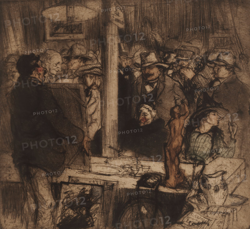 Art auction, print, printmaker: Armand Coussens, France, 1891 - 1935, paper, etching, drypoint, intaglio printmaking technique, hand coloring, drypoint and plate tone hand-colored, height 232 mm x width 249 mm, art sale, auction, A crowded indoor scene rendered in dark, sketchy lines and muted brown tones showing many seated and standing figures closely packed together, most wearing hats and coats, with a central vertical post dividing the composition and a few framed objects or panels leaning or hung nearby; faces and hands are drawn with expressive, rough strokes, some profiles visible, some figures leaning forward, one person in the foreground turned away wearing dark clothing, and a table surface with a candlestick and small items in the lower area.