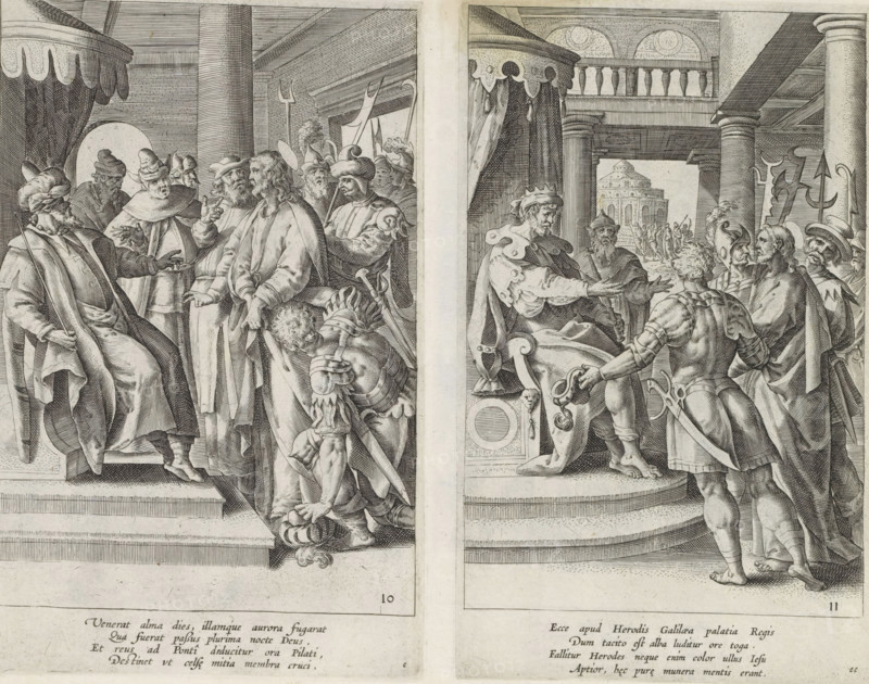 Christ before Herod, Passion of Christ, Theatrum Biblicum Hoc Est Historiae Sacrae Veteris et Novi Testamenti Tabulis Aeneis Expressae, print, album page, King Herod questions Christ, but he does not answer him. Thereupon Herod and his soldiers mock Christ. They dress him in a splendid robe. Below the image a four-line verse in Latin. Bottom right the letters: ee. This print is part of an album., printmaker: Antonie Wierix (II), after drawing by Maerten de Vos, publisher: Claes Jansz. Visscher (II), Amsterdam, 1585, 1643, paper, engraving, gravure, height 205 mm x width 125 mm, Christ before King Herod, sometimes a gorgeous robe is brought (Luke 23:8-11), A wide engraved scene divided by a vertical margin shows an interior with a raised platform and steps, columns and draped canopies. On the left side a seated figure in flowing robes and a turbaned hat gestures with one hand toward a standing bearded man in simple robes whose hands are restrained, surrounded by several soldiers and att...
