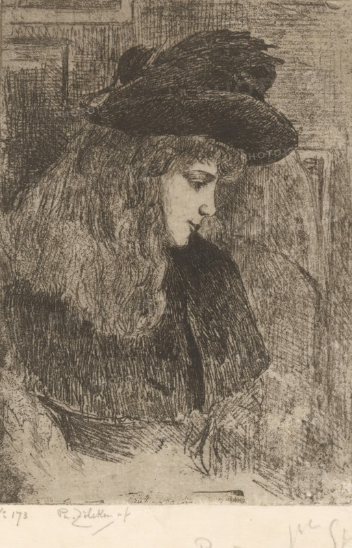 Girl with hat, Fillette aux cheveux blonds (original title), print, printmaker: Philip Zilcken (signed by artist), 1867 - 1890, paper, soft-ground etching, etching, intaglio printmaking technique, zinkets and varnish mou, with plate tone, height 158 mm x width 113 mm, head gear: hat, girl (child between toddler and youth), A monochrome etching of a seated person in profile facing right, wearing a wide-brimmed hat with a rounded crown and long, wavy hair cascading over the shoulders; the face is rendered with delicate lines showing a closed mouth and a downward gaze, and the figure wears a dark garment with textured shading; the background consists of crosshatched and linear marks suggesting an interior surface behind the figure.