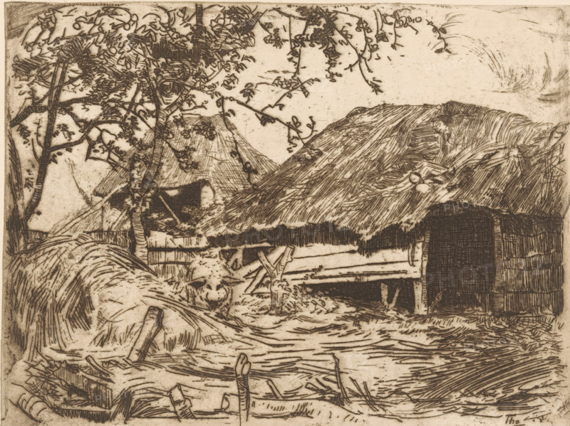 Pigsty (original title), Reed-covered barns, in front of them a pig in the hay, print, printmaker: Willem Bastiaan Tholen, 1870 - 1931, paper, etching, intaglio printmaking technique, height 179 mm x width 239 mm, pig, barn, An etched landscape showing a rural scene with thatched roofs, wooden fences, and dense grasses in the foreground, a tree with twisting branches and leaves framing the left and upper portions, clustered tufts and lines suggesting straw or hay piles, a dark rectangular doorway or opening set into a building on the right, textured hills or large thatched structures in the middle ground, a small bench or platform near the center, scattered sticks and stubble on the ground, and swirling marks in the sky above.