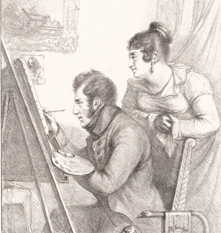 Self-portrait of the artist in action with a watching woman, print, printmaker: Dominique Vivant Denon (baron), Paris, 1823, paper, chalk lithograph, height 420 mm x width 289 mm, Person, historical persons, painter at work, in his studio, portrait, self-portrait of painter, A pencil drawing of a man seated at an easel holding a palette and brush and a woman leaning close behind him, the man shown in profile with dark hair and sideburns and a high collar, the woman with hair pulled into a bun wearing a dress with a ruffled neckline and an earring, a framed painting on the wall in the background and draped fabric behind the woman, visible texture of pencil strokes throughout the scene.
