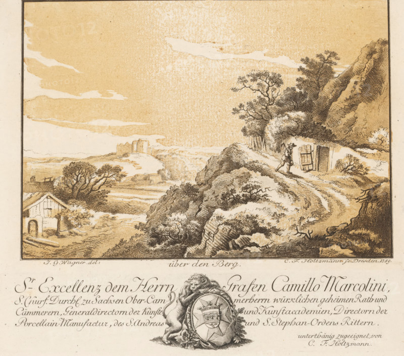 Landscape with traveler on a path, above the mountain, print, album page, Text in German in the lower margin. Print is part of an album., printmaker: Carl Friedrich Holtzmann, Dresden, after design by Johann Georg Wagner, dedicated to: Camillo Count Marcolini, 1789, Saxony, paper, etching, intaglio printmaking technique, etching with plate tone, printed in brown, height 135 mm x width 203 mm x height 27 mm x width 203 mm, 'en route', traveller under way, low hill country (landscape with figures, staffage), open door, A sepia-toned landscape print showing a rocky hillside with textured cliffs and scattered trees, a winding dirt path leading up the slope where a lone figure wearing a hat and carrying a staff walks past a small wooden door set into the hillside, distant rolling fields and a low building with a pitched roof visible near the base of the hill, a cluster of trees in the midground and a distant ruined tower on the horizon, a sky filled with soft, mottled cloud shapes, and a sc...