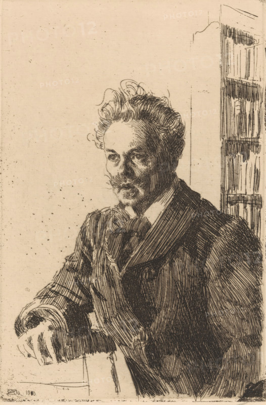 Portrait of August Strindberg, print, Swedish playwright, half-figure, sitting at a desk, facing left., printmaker: Anders Leonard Zorn (signed by artist), 1910, paper, etching, height 298 mm x width 199 mm, Person, August Strindberg, historical persons, portrait of a writer, A sepia-toned etching of a seated man shown from the waist up, facing slightly to the viewer's left, with wavy hair swept back and a mustache and goatee, wearing a suit jacket over a collared shirt and a loosely tied cravat; his left arm rests on a surface with fingers visible, and shading lines define the contours of his face and clothing; to the right of the figure a tall narrow bookcase or shelving unit with stacked rectangular spines is visible, and the background is mostly empty with fine speckled texture.