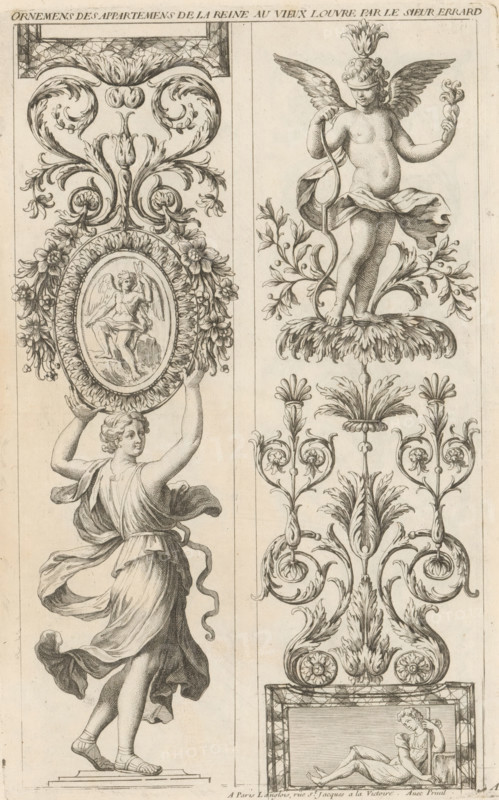Two panels with caryatid and candelabra, Ornaments in the Queen's Apartments in the Louvre, Ornemens des Appartemens de la Reine au Vieux Louvre, print, album page, ornamental print, title print, Series number, 1, 6, Caryatid carrying an oval medallion containing Amor, and next to it a candelabra crowned with a blindfolded Amor. Numbered with the letter A in the lower right corner. This print is part of an album., printmaker: Paul Androuet Ducerceau, after design by Charles II Errard, publisher: Nicolas Langlois (I), Paris, grantor of privilege: Louis XIV (King of France), France, 1650 - 1703, Paul Androuet Ducerceau, Charles II Errard, Nicolas Langlois (I), Louis XIV (King of France), printmaker, after design by, publisher, grantor of privilege, paper, etching, height 299 mm x width 189 mm, caryatids, architecture, ornament, candelabrum, attributes of Cupid: blindfold, The image shows a vertical engraving divided into two narrow panels by a central line, with intricate ornamental desi...