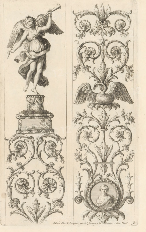 Two panels with candelabra with leaf tendrils, Ornaments in the Queen's Apartments in the Louvre, Ornemens des Appartemens de la Reine au Vieux Louvre, print, album page, ornamental print, Series number, 2, 6, On the left a candelabra motif with Fama on it. On the right a candelabra motif with a medallion with a portrait, and a swan. Numbered with the letter B in the lower right corner. This print is part of an album., printmaker: Paul Androuet Ducerceau, publisher: Nicolas Langlois (I), Paris, grantor of privilege: Louis XIV (King of France), France, 1650 - 1703, Paul Androuet Ducerceau, Nicolas Langlois (I), Louis XIV (King of France), printmaker, publisher, grantor of privilege, paper, etching, height 299 mm x width 183 mm, Fama as Roman personification, water-birds: swan, ornament, candelabrum, A vertical engraving divided into two narrow panels shows ornate decorative designs in a classical style. In the left panel a winged figure floats above a pedestal, holding a long trumpet to...