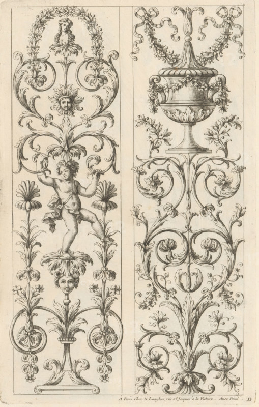 Two panels with candelabra, Ornaments in the Queen's Apartments in the Louvre, Ornemens des Appartemens de la Reine au Vieux Louvre, print, album page, ornamental print, Series number, 4, 6, Two candelabra motifs with a putto and a vase. Numbered with the letter D in the lower right corner. This print is part of an album., printmaker: Paul Androuet Ducerceau, publisher: Nicolas Langlois (I), Paris, grantor of privilege: Louis XIV (King of France), France, 1650 - 1703, Paul Androuet Ducerceau, Nicolas Langlois (I), Louis XIV (King of France), printmaker, publisher, grantor of privilege, paper, etching, height 301 mm x width 190 mm, cupids: 'amores', 'amoretti', 'putti', vase, ornament, candelabrum, The image shows two narrow vertical panels of intricate black ink ornamental drawings on a light paper background, each panel filled with symmetrical decorative motifs including curling acanthus leaves, stylized flowers, and garlands; the left panel features a cherubic child with a cloth drap...