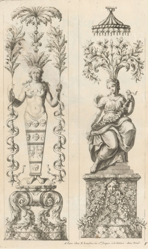 Two panels with caryatids, Ornaments in the Queen's Apartments in the Louvre, Ornemens des Appartemens de la Reine au Vieux Louvre, print, album page, ornamental print, Series number, 6, Numbered lower right with the letter F. This print is part of an album., printmaker: Paul Androuet Ducerceau, publisher: Nicolas Langlois (I), Paris, grantor of privilege: Louis XIV (King of France), France, 1650 - 1703, Paul Androuet Ducerceau, Nicolas Langlois (I), Louis XIV (King of France), printmaker, publisher, grantor of privilege, paper, etching, engraving, height 304 mm x width 188 mm, caryatids, architecture, A tall ornamental engraving split into two vertical panels shows two stylized female figures atop decorative plinths. On the left, a standing female form with a bare upper torso and a long tapered skirt decorated with small faces and ornamental bands holds a tall leafy plume in each hand; her hair is topped by a feathered headdress and she stands on a scroll-like base with acanthus leave...