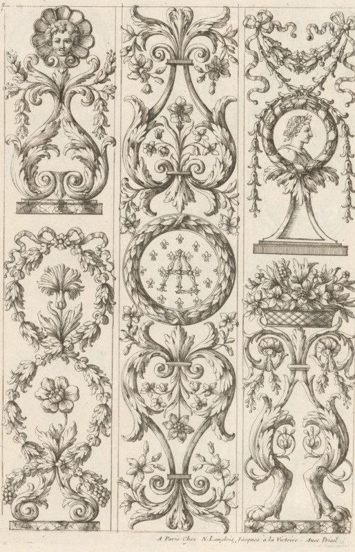 Candelabrum motifs with acanthus tendrils, Ornamental panels with acanthus motifs, print, album page, ornamental print, Series number, 1, 4, This print is part of an album., printmaker: Paul Androuet Ducerceau, publisher: Nicolas Langlois (I), Paris, grantor of privilege: Louis XIV (King of France), France, 1650 - 1703, paper, etching, height 263 mm x width 178 mm, acanthus, ornament, candelabrum, The image shows three vertical panels filled with intricate linear ornamental designs of scrolls, foliage, flowers, ribbons, wreaths, and decorative medallions, all rendered in a monochrome pen-and-ink style; the left panel contains scrolling acanthus forms, hanging bell-shaped flowers, garlands tied with bows, a stylized human face set within a scalloped floral surround, and a variety of floral rosettes and leafy clusters; the central panel features symmetrical volutes and leafy scrolls enclosing delicate flowering stems, a circular wreath with a patterned interior, and more floral motifs ar...