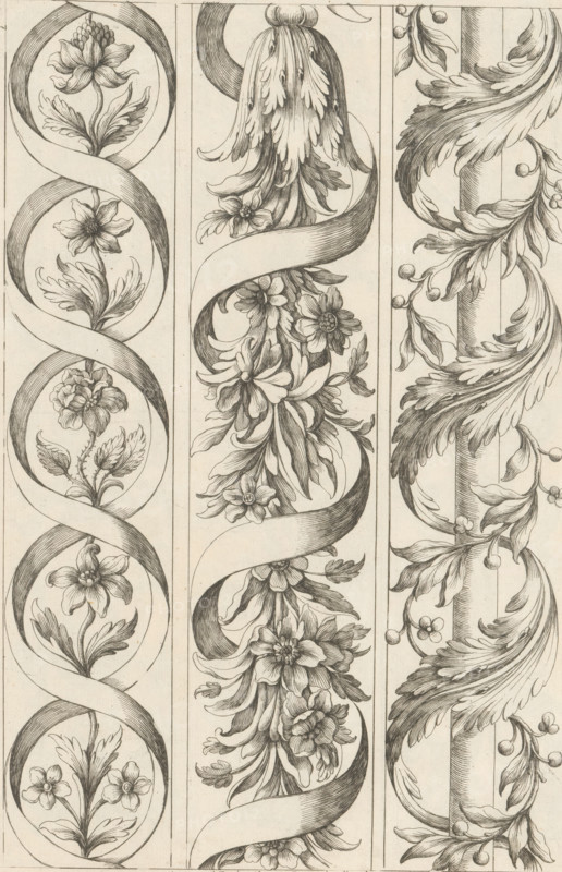 Three floral ornaments, Ornament panels with acanthus motifs, print, album page, ornamental print, Series number, 2, 4, Pillar-shaped ornaments with ribbons and floral motifs. This print is part of an album., printmaker: Paul Androuet Ducerceau, publisher: Nicolas Langlois (I), Paris, grantor of privilege: Louis XIV (King of France), France, 1650 - 1703, paper, etching, height 274 mm x width 183 mm, floral interlace, ornament, acanthus, ribbon, scroll, banderole, Three vertical panels filled with detailed botanical engravings. The left panel shows a twisting ribbon forming oval loops, each loop enclosing a different flower with leaves and stems, rendered in fine crosshatching and curved shading. The central panel features a wider ribbon spiraling down amid dense clusters of flowers and layered petals, with elongated leaves and overlapping blooms creating a sense of vertical movement. The right panel displays a column entwined by large, sweeping acanthus-like leaves and small round berr...