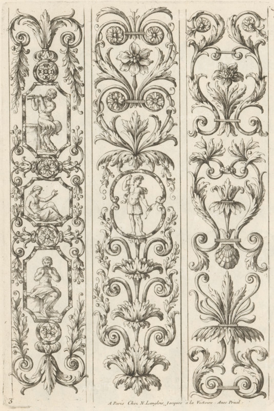 Ornaments with acanthus tendrils and satyrs, Ornamental panels with acanthus motifs, print, album page, ornamental print, Series number, 3, 4, This print is part of an album., printmaker: Paul Androuet Ducerceau, publisher: Nicolas Langlois (I), Paris, grantor of privilege: Louis XIV (King of France), France, 1650 - 1703, paper, etching, height 269 mm x width 182 mm, acanthus, ornament, satyr(s) (in general), Three vertical decorative panels filled with intricate ink linework run the height of the image, each separated by thin blank margins. The left panel shows ornamental scrolls, acanthus leaves, rosettes, and framed hexagonal medallions containing seated human figures in various poses, with dangling floral motifs and symmetrical flourish elements. The central panel features a repeating vertical arrangement of stylized palmettes, curling foliage, circular floral motifs, and an oval medallion with a standing figure holding an object, all connected by sinuous stems and ornate scrollwor...