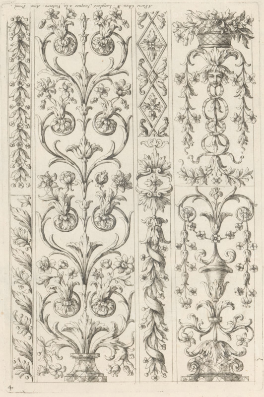 Candelabrum motifs with floral tendrils, Ornamental panels with acanthus motifs, print, album page, ornamental print, Series number, 4, This print is part of an album., printmaker: Paul Androuet Ducerceau, publisher: Nicolas Langlois (I), Paris, grantor of privilege: Louis XIV (King of France), France, 1650 - 1703, paper, etching, height 265 mm x width 176 mm, flowers, ornament, candelabrum, The image shows a detailed vertical engraving of decorative botanical and ornamental motifs arranged in narrow panels, featuring stylized flowering plants with curving stems and scrolling leaves, circular floral medallions, garlands of small blossoms, and symmetrical palmette shapes; one panel contains a woven basket topped with a bouquet and a humanlike face integrated into hanging foliage and ribbon loops, another panel displays a twisted vine with clustered buds, and a central panel presents tall sinuous stems rising from a flared pedestal with elaborate blossoms and paired rounded floral elemen...