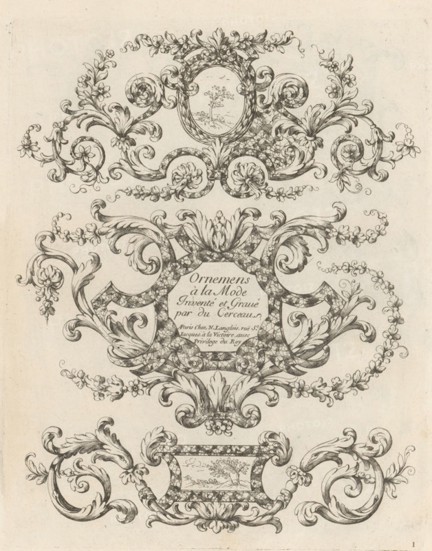 Three cartouches with acanthus tendrils and marble inlay, Fashionable ornaments with leaf motifs, Ornaments à la Mode, print, album page, ornamental print, title print, Series number, 1, 4, Three ornaments with medallions containing, from top to bottom, a tree, the title, and a landscape. This print is part of an album., printmaker: Paul Androuet Ducerceau, publisher: Nicolas Langlois (I), Paris, grantor of privilege: Louis XIV (King of France), France, c. 1670 - c. 1690, paper, etching, height 263 mm x width 210 mm, landscapes, trees, acanthus, ornament, An ornate ink drawing fills the page with symmetrical swirling acanthus leaves, curling scrolls, and floral garlands rendered in fine black lines on a light paper background, featuring decorative cartouches with patterned borders and small landscape vignettes inside rounded frames, rosettes and shell-like motifs at focal points, and interconnected loops of foliage and blossoms creating an overall baroque ornamental composition.