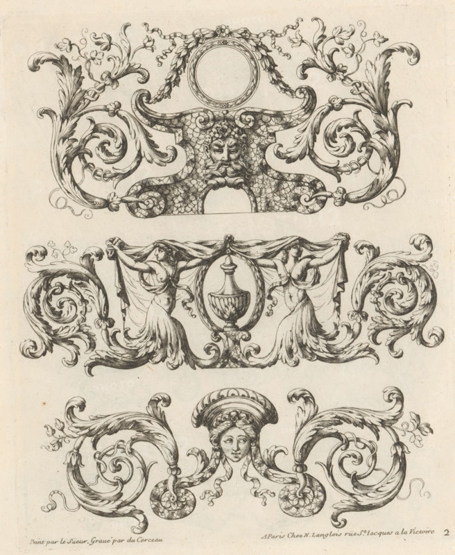Three ornaments with acanthus tendrils and masks, Ornemens à la Mode, Fashionable ornaments with leaf motifs, print, album page, ornamental print, Series number, 2, 4, A round medallion above a marble base with a mask with a beard on top. Below that, a vase in a medallion and a female mask. All this surrounded by acanthus tendrils. This print is part of an album., printmaker: Paul Androuet Ducerceau, after design by Pierre Lesueur, publisher: Nicolas Langlois (I), Paris, c. 1670 - c. 1690, paper, etching, height 261 mm x width 215 mm, mask, mascaron, ornament, acanthus, pedestal of a piece of sculpture (perhaps in the form of a herm), medallion, An ornate ink drawing on aged paper featuring three horizontal decorative panels stacked vertically, each panel filled with symmetrical scrollwork, curling acanthus leaves, floral motifs, and stylized human figures; the top panel centers on a bearded face set within a textured cartouche flanked by elaborate volutes and leafy tendrils with a cir...