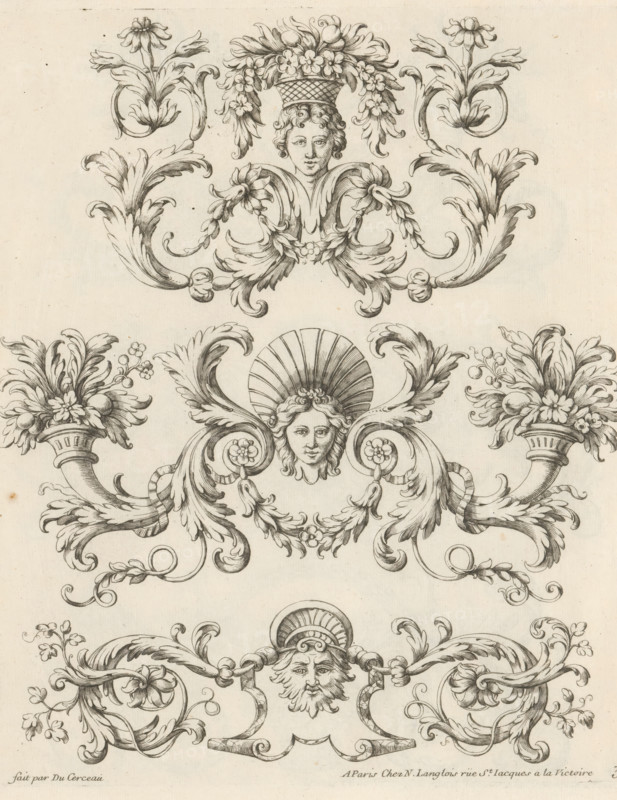 Three ornaments with masks, Ornemens à la Mode, Fashionable ornaments with leaf motifs, print, album page, ornament print, Series number, 3, 4, This print is part of an album., print maker: Paul Androuet Ducerceau, publisher: Nicolas Langlois (I), Paris, c. 1670 - c. 1690, printmaker, paper, etching, height 258 mm x width 211 mm, mask, mascaron, ornament, acanthus, A vertical sheet showing ornate black line drawings on a light beige background, featuring three horizontal decorative bands. The top band includes a stylized female head with curly hair wearing a basket-like headdress topped with flowers, framed by scrolling acanthus leaves and floral motifs. The middle band displays a similar central facial figure with flowing hair set before a fan-shaped halo, flanked by large curling acanthus scrolls that terminate in cornucopia-like vessels filled with flowers and foliage. The lower band contains a bearded male face wearing a rounded helmet or cap, set among elaborate scrolling foliage ...