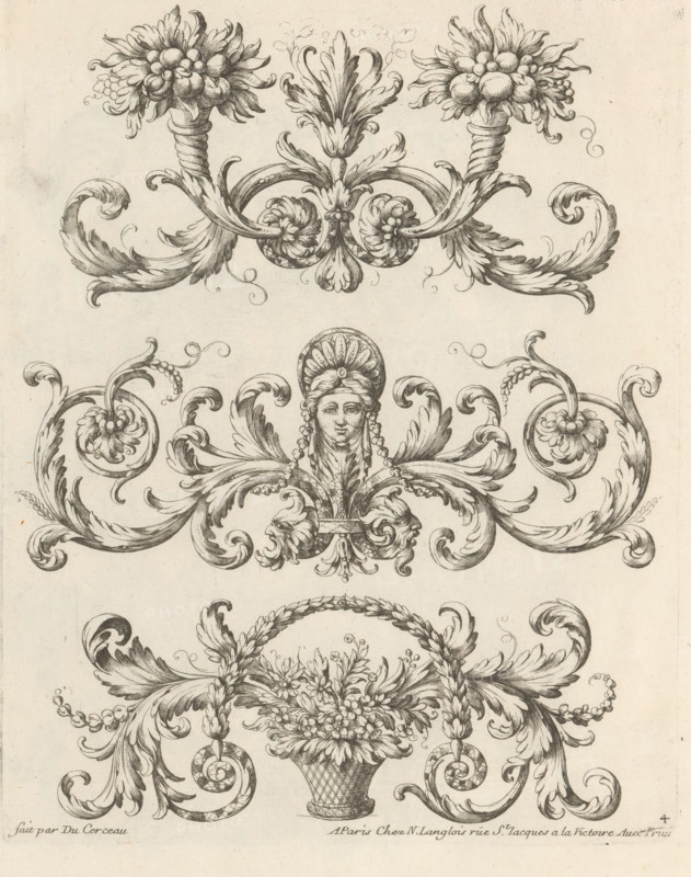 Three ornaments with flowers and a mask, Fashionable ornaments with leaf motifs, Ornemens à la Mode, print, album page, ornament print, Series number, 4, This print is part of an album., printmaker: Paul Androuet Ducerceau, publisher: Nicolas Langlois (I), Paris, c. 1670 - c. 1690, paper, etching, height 262 mm x width 209 mm, flowers, ornament, mask, mascaron, acanthus, A vertical ink engraving showing ornate decorative motifs stacked in horizontal bands, featuring scrolling acanthus leaves, rosettes, and floral clusters, with the top band displaying two stylized flower heads on twisted stems connected by symmetrical curved leaves, the middle band centered on a female head wearing a radiating headdress flanked by elaborate volutes and floral scrolls, and the lower band containing a woven basket overflowing with flowers suspended from braided garlands and surrounded by curling foliage, all rendered in fine linear shading on a pale paper background.