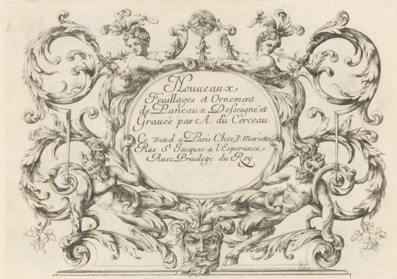Title print with satyrs and female herms, Panels with leaf motifs, Nouveaux Feuillages et Ornement de Paneaux, print, album page, ornamental print, title print, Series number, 1, 6, This print is part of an album., printmaker: Paul Androuet Ducerceau, publisher: Pierre Mariette (II), Paris, grantor of privilege: Louis XIV (King of France), France, 1660 - 1690, paper, etching, height 259 mm x width 189 mm, other hybrid forms in the shape of a pillar, satyr(s) (in general), An ornate engraved decorative cartouche fills the image, featuring symmetrical scrolling acanthus foliage that curves into volutes and leaf forms on both sides. Two reclining hybrid figures with human torsos and flowing hair emerge from the scrollwork near the top, each wearing a plume of feathers on their heads and leaning on the central circular frame. Below them, muscular male figures are integrated into the scrolling elements, their limbs entwined with the foliage and their faces rendered with detailed hair and be...