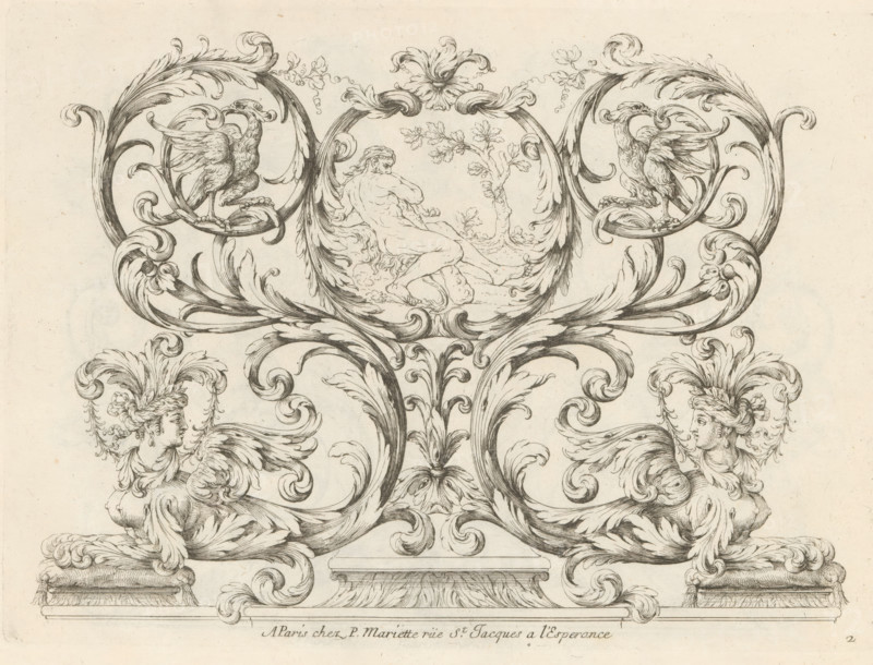 Ornament of acanthus tendrils with resting Hercules, Nouveaux Feuillages et Ornement de Paneaux, Panels with leaf motifs, print, album page, ornamental print, Series number, 2, 6, This print is part of an album., printmaker: Paul Androuet Ducerceau, publisher: Pierre Mariette (II), Paris, 1660 - 1690, paper, etching, height 258 mm x width 189 mm, (story of) Hercules (Heracles), acanthus, ornament, A symmetrical ink drawing of ornate scrollwork and foliage forms a central vertical axis with curling acanthus leaves and volutes, framing a roundel at the top that contains a reclining male nude viewed from behind beside a small tree, and two stylized birds perched within circular frames on either side; below the roundel the scrolls expand into mirrored winged female figures with elaborate feathered hairpieces emerging from leafy forms and resting on cushioned plinths, all rendered in fine line work on a light background.