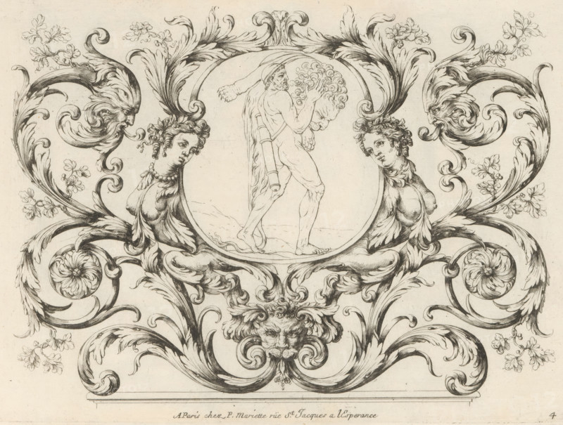 Hercules in medallion amid acanthus vines, Panels with leaf motifs, Nouveaux Feuillages et Ornement de Paneaux, print, album page, ornament print, Series number, 4, 6, This print is part of an album., printmaker: Paul Androuet Ducerceau, publisher: Pierre Mariette (II), Paris, 1660 - 1690, paper, etching, height 259 mm x width 190 mm, acanthus, ornament, sphinx (lion, woman), 'Sfinge' (Ripa), attributes of Hercules (with NAME), A central circular frame contains a partially draped male figure walking and carrying a large carved head, flanked by ornate scrolling acanthus leaves. On either side of the central frame are mirrored female busts with curled hair and decorative necklaces entwined with the foliage. Stylized lion or grotesque masks emerge from the scrolling foliage above and below, their faces integrated into the swirling leaf forms. Delicate floral sprigs and curled tendrils accent the outer edges of the composition, and finely hatched shading defines the contours and volume of ...