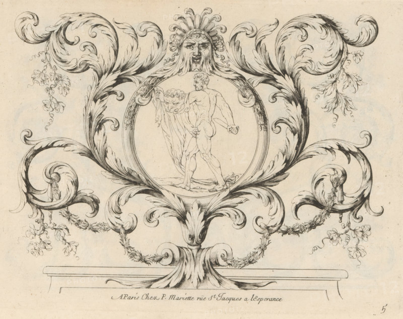 Hercules in a medallion amidst acanthus tendrils, Nouveaux Feuillages et Ornement de Paneaux, Panels with leaf motifs, print, album page, ornamental print, Series number, 5, 6, This print is part of an album., printmaker: Paul Androuet Ducerceau, publisher: Pierre Mariette (II), Paris, 1660 - 1690, paper, etching, height 257 mm x width 191 mm, acanthus, ornament, attributes of Hercules (with NAME), A decorative ink drawing shows a central circular medallion held within sweeping acanthus-like scrolls and foliage, with a grotesque face at the top of the medallion that has an open mouth and radiating feathered forms above it; inside the medallion a nude male figure is shown from behind carrying a draped mask or head in one hand and a club or stick in the other, standing on a ground line; elaborate curling leaves, floral garlands, and hanging blossoms extend outward symmetrically from the central motif, with ornamental volutes and tassel-like elements near the lower corners and a pedestal-...