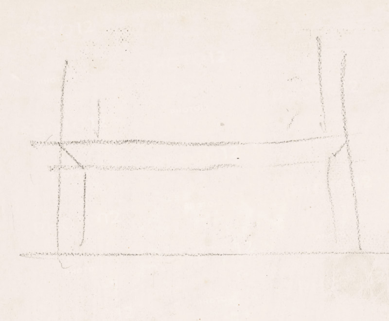 Stellage, drawing, draftsman (artist): Richard Nicolaüs Roland Holst, 1878 - 1938, draftsman (artist), inorganic material, paper, chalk, drawing in black chalk, height 340 mm x width 274 mm, A pale off-white sheet with faint textured grain and scattered tiny specks, marked by several light gray, dotted pencil lines forming horizontal and vertical segments and occasional diagonal joins, with a faint smudge cluster near the top and subtle irregular blemishes across the surface.
