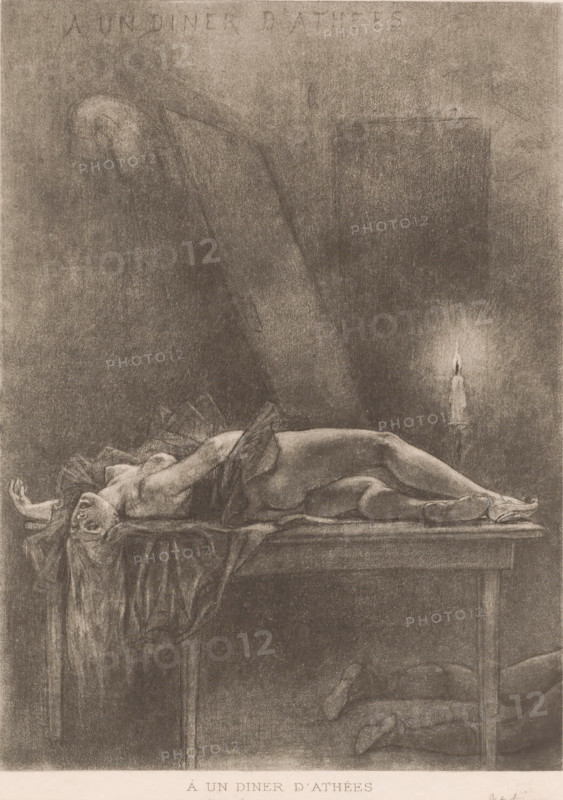Half-naked woman lies on a table, À un diner d'athées, book illustration, photomechanical print, publisher: Henri Floury, Paris, 1908, Félicien Rops, Henri Floury, after print by, publisher, paper, photoaquatint, aquatint, soft-ground etching, height 261mm x width 202mm, A dark, monochrome scene shows a female figure lying on her back atop a wooden table, draped partially with cloth and positioned with her head hanging slightly over the table edge and one arm extended outward; a lit candle in a holder stands upright on the table casting a small halo of light, and shadows form a large shrouded silhouette behind the table; the lower portion of the image shows the table legs and indistinct cloth or bundled shapes beneath, while the overall texture is grainy and rendered in soft charcoal tones.