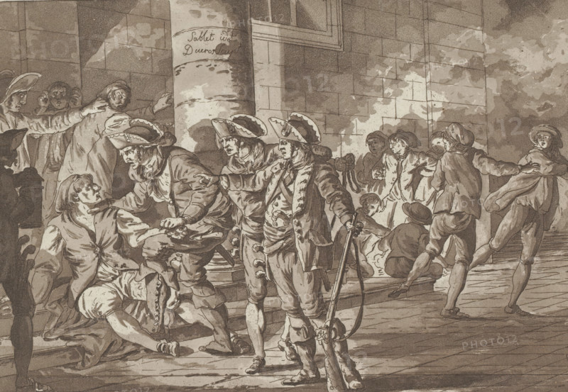 Man on the street being arrested by soldiers, print, album page, Print is part of an album., printmaker: Louis Ducros, after design by Jacques Sablet (II), 1758 - 1810, paper, aquatint, etching, aquatint and etching in grey, height 194 mm x width 269 mm, Europeans (with NAME), flight, running away, pursuing, arrest, military service, A scene shows a group of people in period clothing gathered in front of a stone building with a large round column and a high window; several men wearing tricorne hats and ornate coats stand and gesture while one holds a long musket-like weapon, another kneels and grasps a man who is seated or falling on the steps, and other figures reach toward each other or recoil; a woman in a flowing dress stands to the right with an outstretched arm while nearby a seated child and other onlookers display varied expressions; the ground is paved with planks and the stone wall behind them bears patches of lighter wash suggesting weathering.