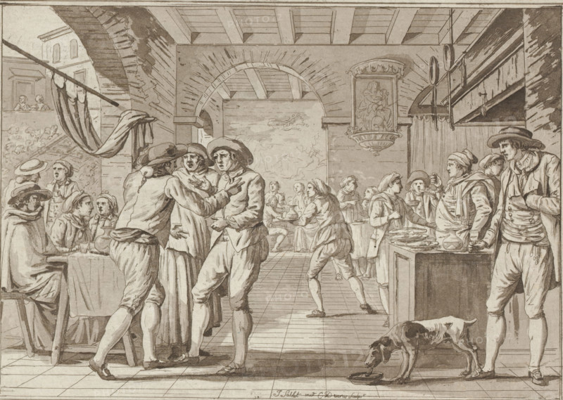 Quarrelsome figures in a dining room, print, album page, Print is part of an album., printmaker: Louis Ducros, after design by Jacques Sablet (II), 1758 - 1810, paper, aquatint, etching, aquatint and etching in grey, height 194 mm x width 269 mm, inn, coffee-house, public house, dining-room, Europeans (with NAME), quarrel, argument, A monochrome ink drawing of an interior space with a tiled floor and a beamed ceiling, featuring an arched opening at the back and a hanging framed relief on the right wall; groups of people occupy the room, many wearing wide-brimmed hats and period clothing, with three men in the foreground clustered close together in animated posture, a seated figure at a table to the left holding a cup, a standing server carrying a jug nearby, and several figures in the middle and rear seated at tables or moving between them; on the right a counter holds plates and a standing man leans with one hand on his chest while another figure beside him gestures toward a small dog...