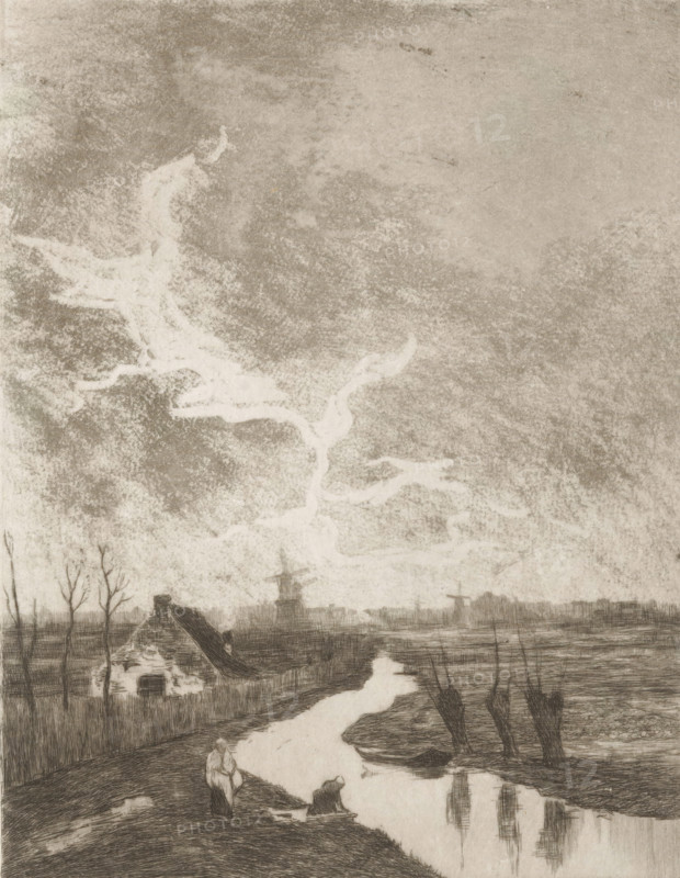 Meadow landscape with ditch, farm and mills, Environs de La Haye (original title), print, printmaker: Philip Zilcken (signed by artist), after painting by Jacob Maris (signed by artist), 1867 - 1890, paper, etching, drypoint, aquatint, intaglio printmaking technique, height 211 mm x width 165 mm, windmill in landscape, farm or solitary house in landscape, small canal, ditch, The Hague, A monochrome landscape with a wide textured sky showing sweeping, cloudlike streaks, a meandering stream reflecting the sky, and a small thatched cottage near the water; two small human figures stand by the stream bank in simple clothing, one bent over and the other standing upright; bare trees and reeds line the banks, and distant windmills and low buildings sit along the horizon, rendered with fine, cross-hatched lines and subtle tonal variation.