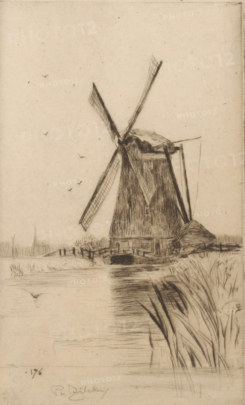 Mon Moulin (original title), Mill in landscape, print, printmaker: Philip Zilcken (signed by artist), 1867 - 1890, paper, drypoint, intaglio printmaking technique, drypoint on zinc, with plate tone, height 208 mm x width 118 mm, windmill in landscape, A tall windmill with large crossed sails stands near a body of water, its base showing textured vertical lines and a small thatched roof extension to one side, with a simple wooden fence and gate nearby; cattails and long grasses grow along the water's edge in the foreground and their reflections and linear ripples appear on the water's surface, while a few small birds are sketched in the sky and a spire-like structure is faintly visible on the distant horizon.
