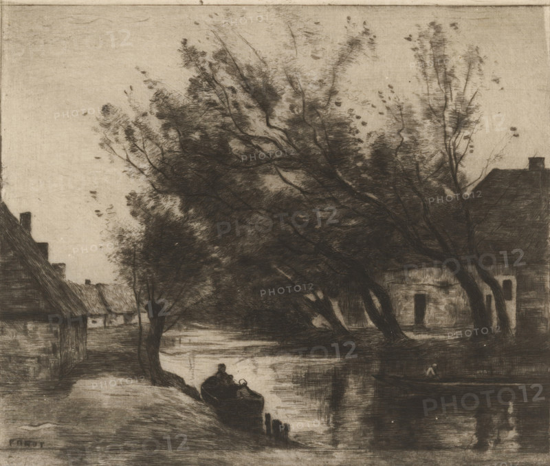 Village view with ditch and boats, Paysage (original title), print, printmaker: Philip Zilcken (signed by artist), after design by Camille Corot, 1890 - 1930, paper, etching, drypoint, intaglio printmaking technique, height 194 mm x width 213 mm, rowing-boat, canoe, village, small canal, ditch, A monochrome scene rendered with fine etching lines shows a riverside village with tall, leafy trees leaning over the water and intricate branch and leaf textures against a pale sky. Along the water's edge are pitched-roof houses and a larger building with visible windows and a roofline, their facades shaded with crosshatching. In the foreground a small boat with two seated figures floats near the bank, while a second small figure kneels at the water on the opposite side. The water reflects the dark silhouettes of the trees and buildings, and the ground and banks are detailed with subtle strokes and shading.