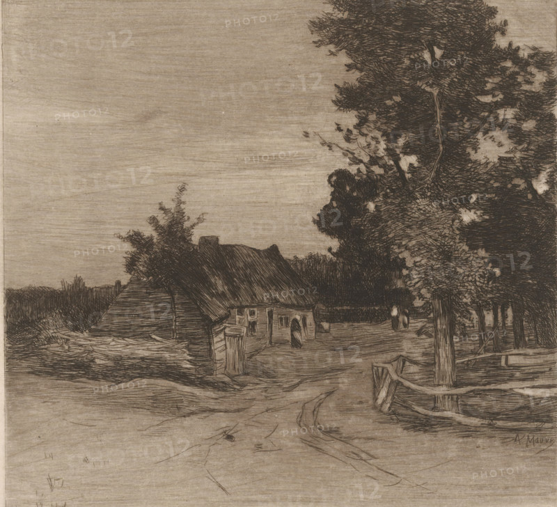 Farm on a country road with trees, Village (original title), print, annotation: 'état définitif', printmaker: Philip Zilcken (signed by artist), after design by Anton Mauve, 1867 - 1890, paper, etching, drypoint, intaglio printmaking technique, height 230 mm x width 183 mm, road, path, farm or solitary house in landscape, A monochrome etching showing a rural scene with a thatched-roof cottage partially obscured by trees, a dirt lane leading toward the cottage, dense foliage and tall trees on the right, a wooden fence and gate near the foreground on the right, a small archway and doorway visible on the cottage, a few barrels or posts near the cottage entrance, and textured sky and ground rendered with fine parallel lines.
