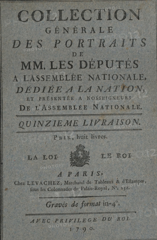 Album with portraits of French politicians, Portraits of delegates present at the meeting of the Estates-General on May 4, 1789 in Versailles, Collection générale des portraits de MM les députés à l'Assemblée Nationale, print album, Album with eight aquatints on eight album pages. The album contains eight portraits of delegates of the Assemblée Nationale. The prints are bound into the album. The album contains eight loose glassine sheets between the pages., printmaker: Pierre Charles Coqueret, publisher: Nicolas-François Le Vachez, Paris, grantor of privilege: Louis XVI (King of France), France, 1790, Louis XVI (King of France), Pierre Charles Coqueret, Nicolas-François Le Vachez, printmaker, publisher, grantor of privilege, paper, glassine, binding, etching, aquatint, album with blue paper boards, bound etchings and aquatints, loose glassine sheets, height 357 mm x width 269 mm x width 510 mm x thickness 5 mm, historical persons, politics, A rectangular sheet with a textured bluish-gr...