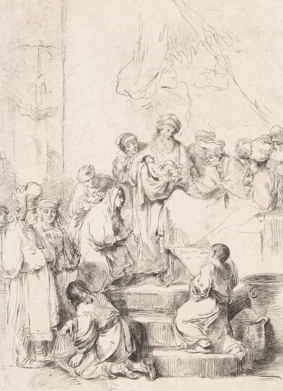 Presentation of Christ in the Temple, print, Number of states known 1(3), printmaker: Joachim Martin Falbe, after drawing by Christian Wilhelm Ernst Dietrich, after drawing by Rembrandt van Rijn, 1732 - 1782, paper, etching, height 270 mm x width 192 mm, presentation of the Christ-child in the temple, usually Simeon (and Anna) present (Luke 2:22-39), A detailed pen drawing of a group of people clustered around a central bearded man holding an infant, with several figures wearing head coverings and turbans. A kneeling woman with a hooded cloak and clasped hands faces the central figures while others stand or kneel on steps and platforms, some leaning forward. Draped fabric hangs above and behind the group, and architectural elements like a column and raised edge of a platform appear at the sides. The scene is rendered in fine, hatched lines with areas of shadow and crosshatching, and there is a round basin or large bowl near the lower right.
