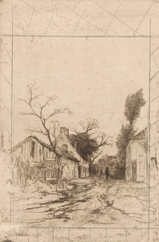 A Tervueren (original title), Street in Tervuren, print, printmaker: Philip Zilcken (signed by artist), 1867 - 1890, paper, pencil, zinc etching, drypoint, intaglio printmaking technique, zinc etching and drypoint, with plate tone, worked with pencil, height 300 mm x width 200 mm, village street, Tervuren, A sepia-toned etching of a narrow village lane flanked by rustic buildings and trees, with a muddy, rutted path leading from the foreground toward a distant, shadowed opening; on the left, a cluster of worn wooden structures and a leaning shed-like building stand beside a bare, thin-branched tree, while a taller tree with fuller foliage rises behind a small house with a pitched roof and chimney; on the right, a tall, dense, vertically elongated tree towers beside a taller building with visible boards, and further down the lane small indistinct figures are silhouetted against the darker middle distance; faint construction lines and a rectangular framing border surround the scene, and ...