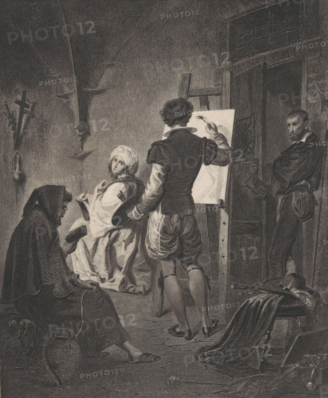 Beatrice Cenci is painted by Guido Reni, Ginevra Cenci in gefängniss von Guido Reni gemalt, print, Text in German in the lower margin., printmaker: William French, after painting by Guido Reni, publisher: Albert Henry Payne, Dresden, Leipzig, 1838 - 1898, Saxony, paper, engraving, etching, height 271 mm x width 205 mm, Person, Beatrice Cenci, historical persons, imprisonment, painter at work, in his studio - CC - out of doors, A monochrome engraving shows an interior scene with a standing male artist seen from behind at an easel, holding a palette and brush toward a blank canvas, a seated woman in a dress and headscarf turned slightly toward him with a contemplative expression, an older cloaked figure seated nearby holding an open book, and a bearded man leaning in a doorway with arms crossed. The room features arched ceilings, a wooden door with a small barred window, a wall-mounted cross and candle holder, scattered objects on the floor including a wicker bottle, draped cloth and a s...
