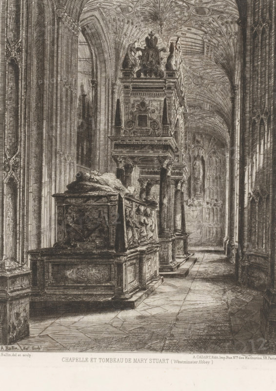 Tomb of Mary I Stuart, Chapelle et tombeau de Mary Stuart, French etchings from 1874, L'eau-forte en 1874, print, Series number, 21, 30, collector's mark: 'AFE v S', printmaker: Auguste Ballin, publisher: Alfred Cadart, Paris, 1874, paper, etching, drypoint, intaglio printmaking technique, height 229 mm x width 180 mm, Person, Maria I Stuart (Queen of Scotland), historical persons - BB - woman, grave, tomb, A long, narrow interior view of a vaulted stone chapel with a tiled floor and tall, pointed arches running along the length of the space, ornate carved stonework lining the walls and columns, and high decorative ceilings with ribbed and patterned vaulting. Along one side are raised stone tombs and elaborate sculpted monuments with reclining effigies atop carved coffers, flanked by carved pillars and ornamental pedestals, some monuments featuring sculpted figures and decorative shields. Light and shadow emphasize the linear perspective down the chapel aisle toward distant arched wind...