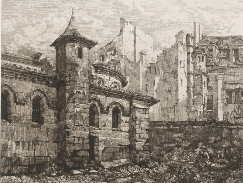 View of Saint-Julien-le-Pauvre, Saint Julien le Pauvre, L'eau-forte en 1874, French etchings from 1874, print, Series number, 23, 30, collector's mark: 'AFE v S', printmaker: Gabrielle-Marie Niel, publisher: Alfred Cadart, Paris, 1874, paper, etching, drypoint, intaglio printmaking technique, height 239 mm x width 318 mm, church (exterior), Saint-Julien-le-Pauvre, A detailed pen-and-ink view of old stone buildings showing textured brickwork and arched windows, a tower with a conical roof and a small finial, a curved cornice and rounded window openings, adjacent taller façades with worn surfaces and narrow openings, rooftops with tiles and varied gables, chimneys and small projecting structures, areas of shadow and crosshatched shading, rubble and uneven paving at ground level, and a few small human figures near the lower right among vegetation.
