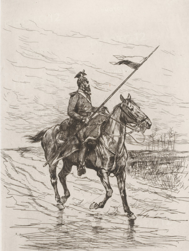 Ulaan on horseback, Un uhlan, French etching from 1874, L'eau-forte en 1874, print, Series number, 28, 30, Cavalryman with lance from the uhlans regiment., collector's mark: 'AFE v S', printmaker: Edouard Detaille, publisher: Alfred Cadart, Paris, 1874, paper, etching, drypoint, intaglio printmaking technique, height 317 mm x width 239 mm, horse, animals used in the army, helved weapons, polearms (for striking, hacking, thrusting): lance, A monochrome line drawing shows a bearded man in a uniform and hat riding a horse along a shoreline, holding a long spear with a small flag near its tip; the horse has a bridle and saddle and its hooves touch shallow water that reflects thin lines, and the rider wears a cloak and straps across his chest; sparse grasses and low vegetation are visible on the right, and the sky is filled with horizontal, sketchy cloud lines.