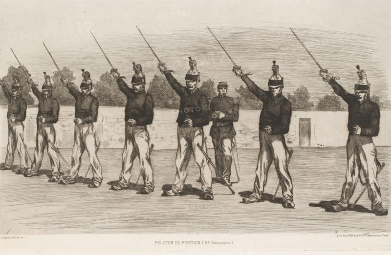 Peloton soldiers with drawn sword, Peloton de punition, L'eau-forte en 1875, French etchings from 1875, print, Series number, 8, 40, collector's mark: 'AFE v S', printmaker: Auguste André Lançon, publisher: Alfred Cadart, Paris, 1875, paper, etching, drypoint, intaglio printmaking technique, height 209 mm x width 328 mm, hacking and thrusting weapons, ranks in the army, A monochrome drawing of uniformed men standing in a line outdoors, each wearing dark jackets and light trousers, caps with decorative crests, and holding swords raised above their heads while gripping scabbards at their sides; trees and a low wall form the background and a shadowed ground stretches beneath their feet, with one central figure standing slightly behind the others wearing a different, more detailed uniform and a hat without a crest.