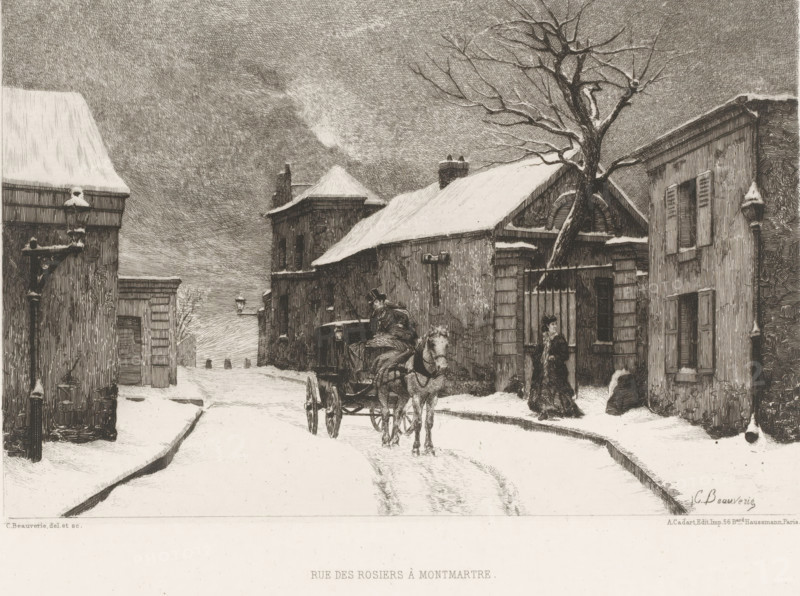 Rue des Rosiers à Montmartre, View of the Rue des Rosiers in Montmartre, French etching from 1875, L'eau-forte en 1875, print, Series number, 10, 40, watermark, collector's mark: 'AFE v S', printmaker: Charles-Joseph Beauverie, publisher: Alfred Cadart, Paris, 1875, paper, etching, drypoint, intaglio printmaking technique, height 238 mm x width 318 mm, street, snow, four-wheeled vehicle drawn by one animal, Montmartre, A snowy street scene rendered in fine dark lines shows snow-covered rooftops and sidewalks, a leafless tree with snow on its branches beside a building, a horse pulling a small carriage driven by a man in a hat, a woman standing on the sidewalk in a long coat, stone and wooden buildings with shuttered windows and chimneys, old-fashioned street lamps with snow on their tops, tracks in the snow on the road, and a cloudy, heavily textured sky above.