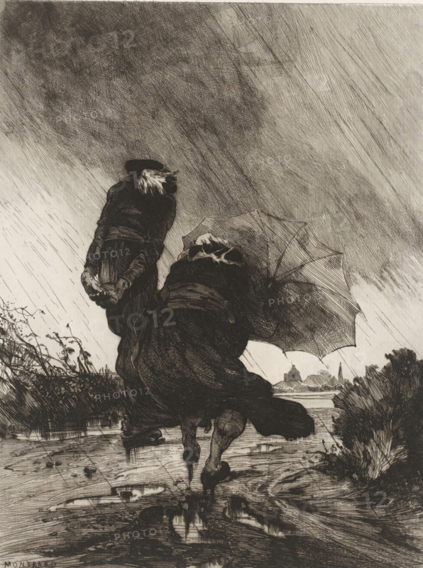 Retour d'une bonne action, Two women in a rain shower, L'eau-forte en 1875, French etchings from 1875, print, Series number, 11, 40, collector's mark: 'AFE v S', print maker: Charles Auguste Loye, after design by Charles Auguste Loye, publisher: Alfred Cadart, Paris, 1875, Charles Auguste Loye, Alfred Cadart, printmaker, publisher, paper, etching, drypoint, intaglio printmaking technique, height 315 mm x width 238 mm, charitable works, umbrella, downpour, rain shower, A monochrome etching showing two figures walking into a strong slanting rain, one figure hunched and holding an umbrella that is blown inside out, the other figure leaning forward with hands clasped behind their back and a hat blowing off, both wearing long coats and skirts that billow in the wind; puddled ground with visible reflections and splashes under their feet, a distant low building and spire on the horizon, windswept grasses and reeds at the sides, and a heavily crosshatched sky filled with diagonal rain lines.