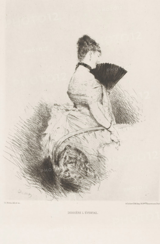 Woman with fan, Derrière l'Éventail, L'eau-forte en 1875, French etching from 1875, print, Series number, 19, 40, collector's mark: 'AFE v S', printmaker: Giuseppe de Nittis, after design by Giuseppe de Nittis, publisher: Alfred Cadart, Paris, 1875, Giuseppe de Nittis, Alfred Cadart, printmaker, publisher, paper, etching, drypoint, intaglio printmaking technique, height 278 mm x width 218 mm, sitting figure - AA - female human figure, fan, A sketch of a seated woman shown from the side and turned slightly away, wearing a dress with a fitted bodice and a dark choker at her neck, her hair swept up and styled, one arm bent to hold an open folding fan that obscures part of her face, the seat beneath her rendered with textured lines suggesting upholstery or a cushion, the surrounding area filled with loose, crosshatched strokes, all in monochrome on a light background.