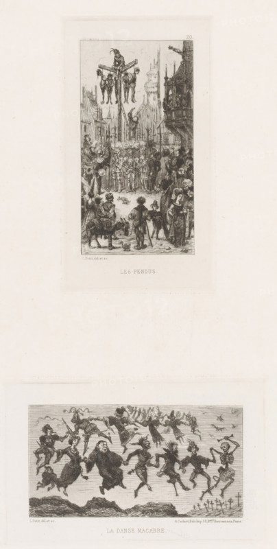 View of a square with a gallows, Les pendus, L'eau-forte en 1875, French etchings from 1875, print, printmaker: Léonce Petit, after design by Léonce Petit, publisher: Alfred Cadart, Paris, 1875, Léonce Petit, Alfred Cadart, printmaker, publisher, paper, etching, drypoint, intaglio printmaking technique, drypoint and plate tone on uncut sheet, height 172 mm x width 95 mm, city-view, and landscape with man-made constructions, instruments of torture, execution or punishment: gallows, A tall rectangular illustration shows a crowded street scene with buildings and a tower in the background, a large wooden scaffold with three hanging figures near the upper center, a group of people gathered beneath and around the scaffold including armored figures and civilians, various onlookers in period clothing at the sides and foreground, a childlike figure leading a small donkey, assorted figures with hats and cloaks, and architectural details such as balconies and rooflines framing the scene.