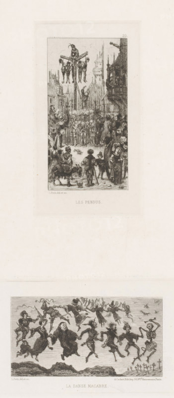 Dance of Death, La danse macabre, French etchings from 1875, L'eau-forte en 1875, print, Series number, 20, 40, Dance of Death with clergy, nobles and demons and skeletons. printmaker: Léonce Petit, after design by Léonce Petit, publisher: Alfred Cadart, Paris, 1875, Léonce Petit, Alfred Cadart, printmaker, publisher, paper, etching, drypoint, intaglio printmaking technique, drypoint and plate tone on uncut leaf, height 103 mm x width 165 mm, dance of Death, Death together with one or more human beings, A tall narrow rectangular etching shows a crowded medieval street scene with buildings and towers lining the sides and a raised wooden scaffold in the distance where several figures hang from crossbeams, while a crowd of armored and robed figures fills the street below; in the foreground a group of onlookers stand and walk, including a man leading a donkey, a woman in a long dress, and others in period clothing, with small animals on the ground; below that scene, a wide horizontal etchi...