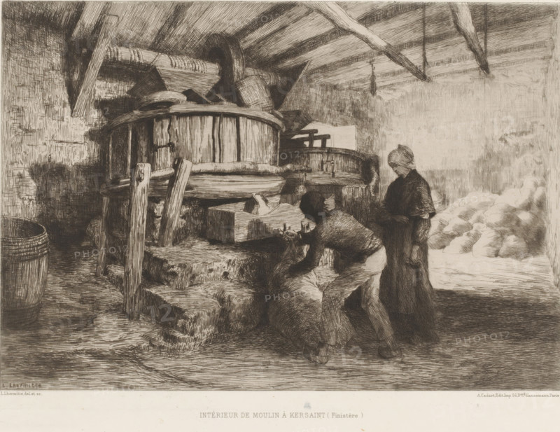 Interior of a mill, Intérieur de moulin à Kersaint (Finistère), L'eau-forte en 1875, French etching from 1875, print, Series number, 22, 40, collector's mark: 'AFE v S', printmaker: Léon Augustin Lhermitte, publisher: Alfred Cadart, Paris, 1875, paper, etching, drypoint, intaglio printmaking technique, height 236 mm x width 319 mm, windmill, watermill, miller, Finistère, A dim interior scene rendered in fine lines shows a rustic wooden structure with large round vats and beams under a slatted roof, rough stone steps and a raised platform, scattered barrels and wooden tools, a figure bending forward handling a sack while another figure stands nearby wearing a long garment, a pile of bulky soft shapes against a wall, and various textures of wood, stone, and plaster throughout the space.