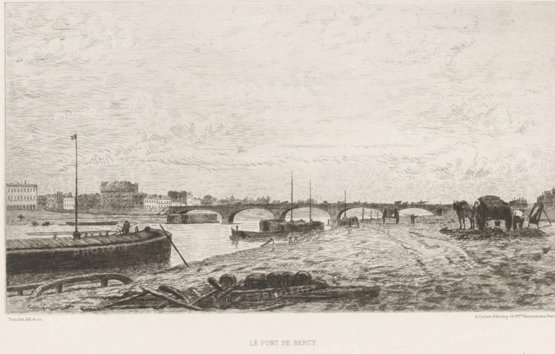 View of the Pont de Bercy, Le pont de Bercy, French etchings from 1875, L'eau-forte en 1875, print, Series number, 32, 40, collector's mark: 'AFE v S', printmaker: Alphonse Louis Pierre Trimolet, publisher: Alfred Cadart, Paris, 1875, paper, etching, drypoint, intaglio printmaking technique, height 207 mm x width 314 mm, bridge, A wide riverside scene rendered in fine lines showing a multi-arched stone bridge spanning the water, with several small boats and barges moored or floating near the arches. Along the near bank there are coiled ropes and timber planks scattered on the ground, a low quay or jetty with a flagpole rising from it, and a cluster of figures and a horse near a large covered cart. On the far bank a row of buildings of varying heights lines the shore, and additional boats and upright masts are visible in the water. The sky is filled with textured, streaked cloud patterns created by short, curved hatch marks.