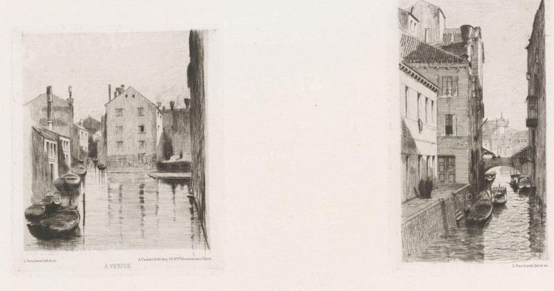 View of a canal in Venice, À Venise, French etching from 1875, L'eau-forte en 1875, print, Series number, 34, 40, printmaker: Léon Gaucherel, after design by Léon Gaucherel, publisher: Alfred Cadart, Paris, 1875, Léon Gaucherel, Alfred Cadart, printmaker, publisher, paper, etching, drypoint, intaglio printmaking technique, drypoint and plate tone on uncut sheet, height 140 mm x width 119 mm, canal, Venice, A wide, pale sheet shows two narrow, vertical ink drawings of urban waterways separated by blank space, each depicting buildings lining a canal with small rowboats moored along the edges; the left drawing features a calm canal reflecting facades and boats, simple multi-story buildings with small windows and chimneys, and a narrow passage of water leading toward distant structures, while the right drawing shows a tighter canal flanked by taller, closely spaced buildings with shutters and tiled roofs, a small arched bridge spanning the water, and several gondola-like boats with figures...